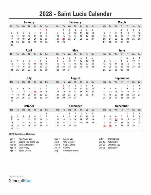 Year 2028 Simple Calendar With Holidays in Saint Lucia