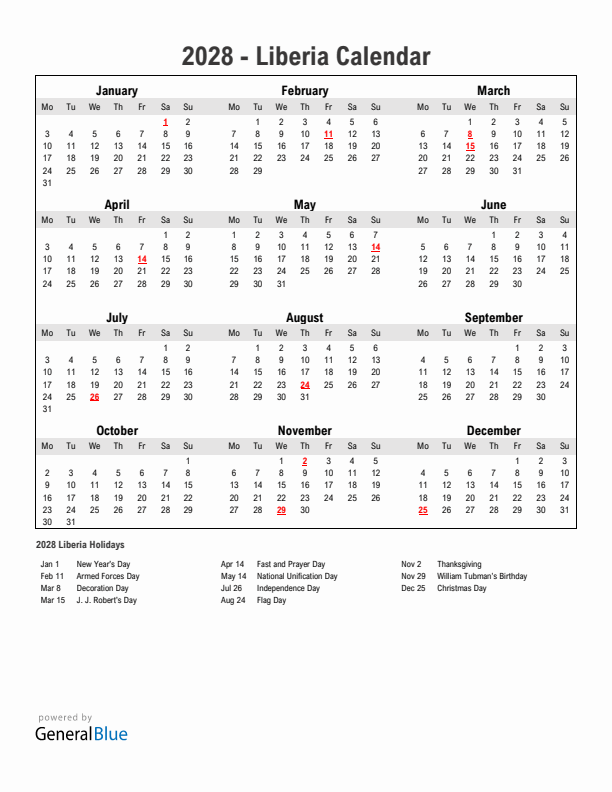 Year 2028 Simple Calendar With Holidays in Liberia