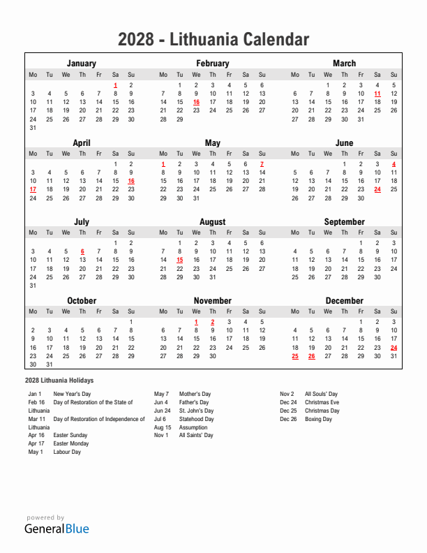 Year 2028 Simple Calendar With Holidays in Lithuania