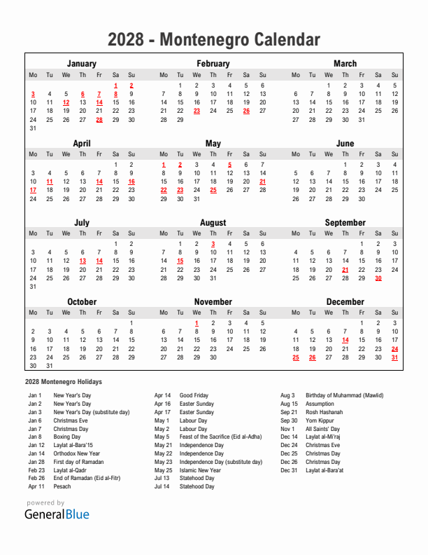 Year 2028 Simple Calendar With Holidays in Montenegro