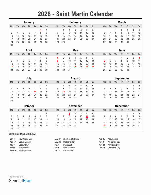 Year 2028 Simple Calendar With Holidays in Saint Martin