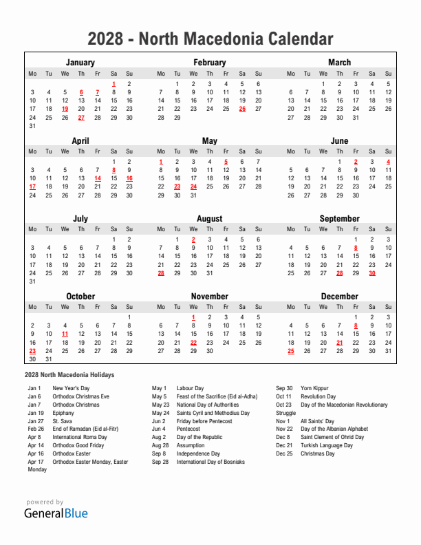 Year 2028 Simple Calendar With Holidays in North Macedonia