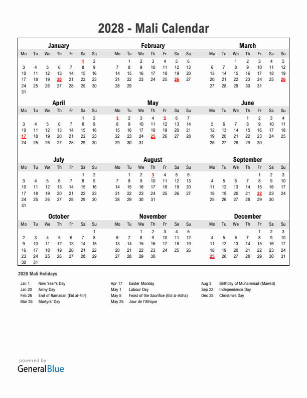 Year 2028 Simple Calendar With Holidays in Mali