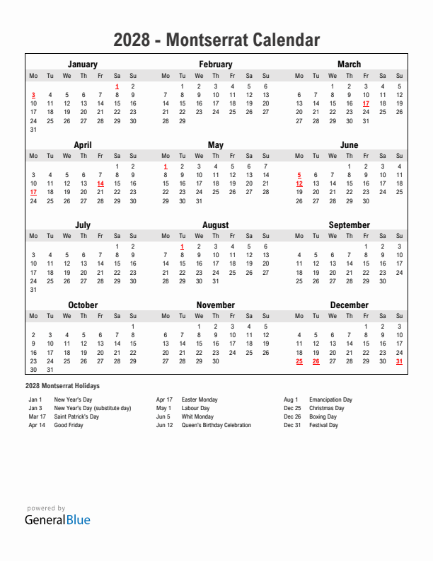 Year 2028 Simple Calendar With Holidays in Montserrat