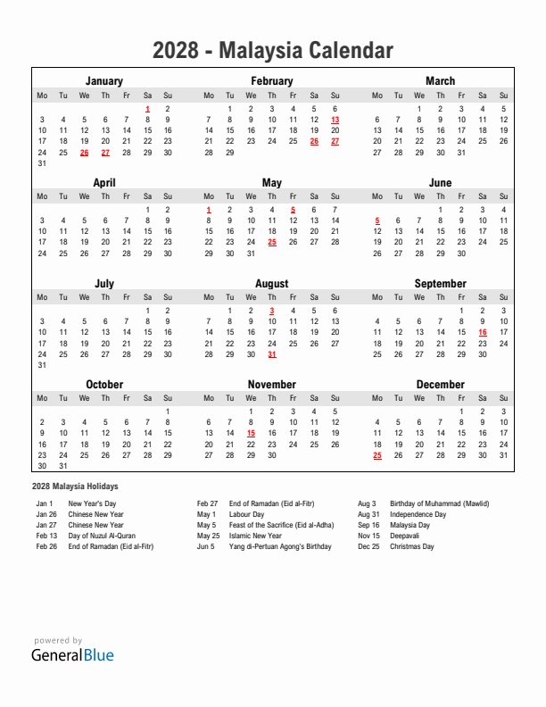 Year 2028 Simple Calendar With Holidays in Malaysia