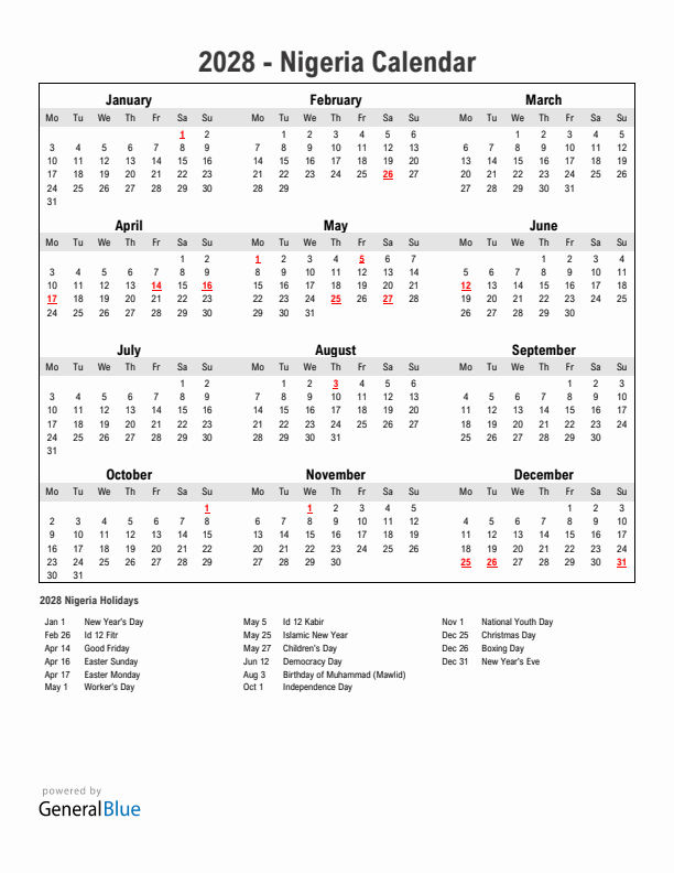 Year 2028 Simple Calendar With Holidays in Nigeria