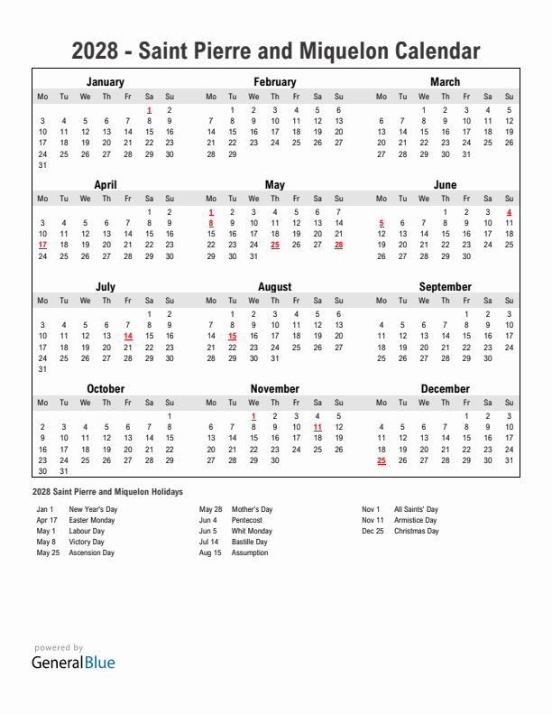 Year 2028 Simple Calendar With Holidays in Saint Pierre and Miquelon