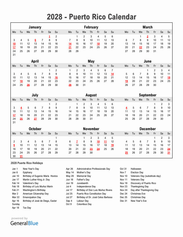 Year 2028 Simple Calendar With Holidays in Puerto Rico