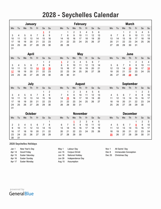 Year 2028 Simple Calendar With Holidays in Seychelles