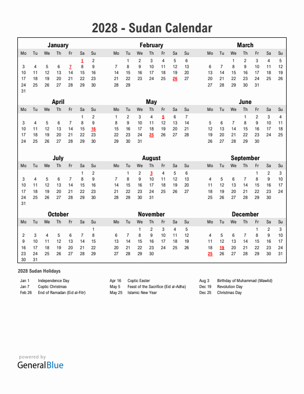 Year 2028 Simple Calendar With Holidays in Sudan