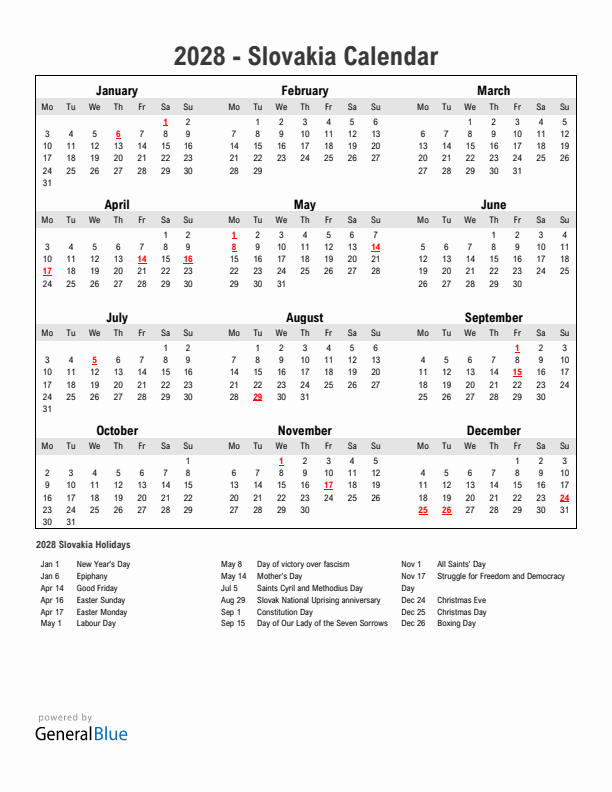 Year 2028 Simple Calendar With Holidays in Slovakia