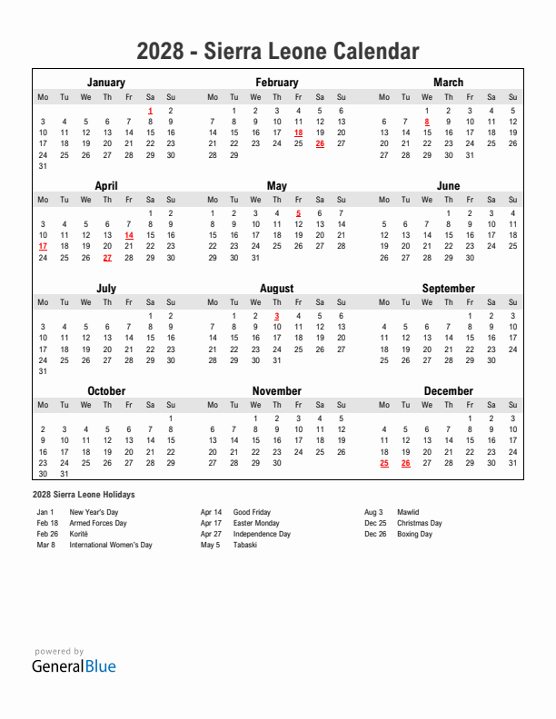 Year 2028 Simple Calendar With Holidays in Sierra Leone