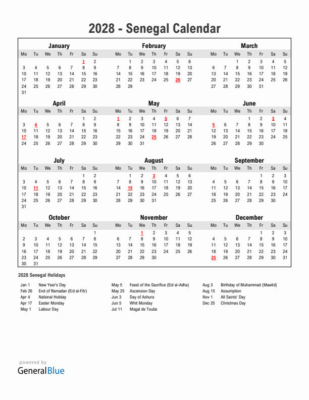 Year 2028 Simple Calendar With Holidays in Senegal
