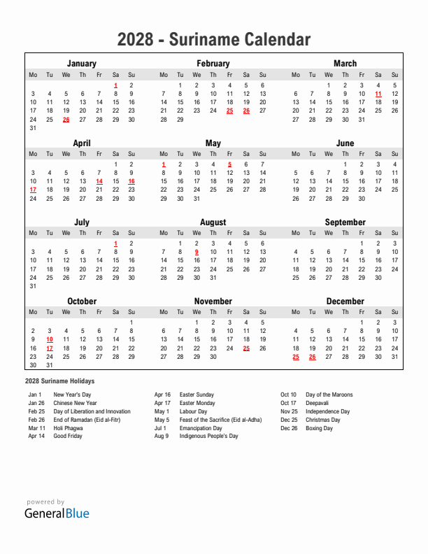 Year 2028 Simple Calendar With Holidays in Suriname