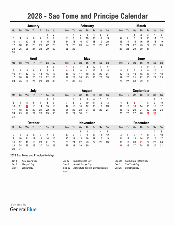 Year 2028 Simple Calendar With Holidays in Sao Tome and Principe
