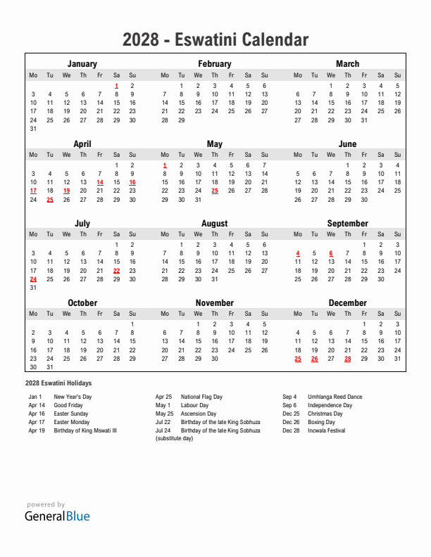 Year 2028 Simple Calendar With Holidays in Eswatini