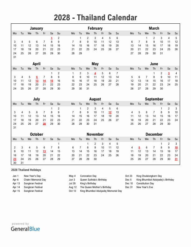 Year 2028 Simple Calendar With Holidays in Thailand