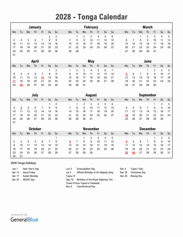 Year 2028 Simple Calendar With Holidays in Tonga