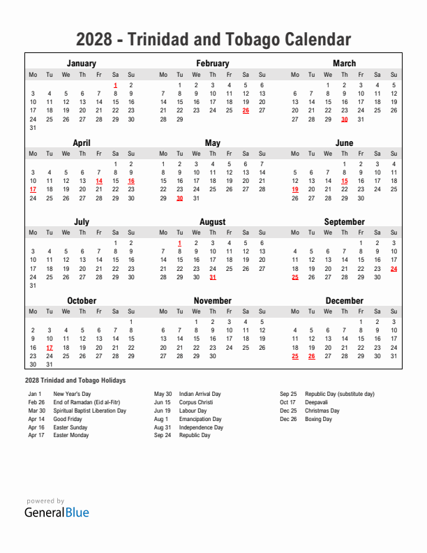 Year 2028 Simple Calendar With Holidays in Trinidad and Tobago