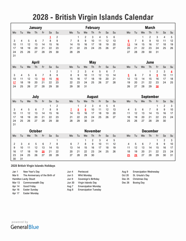 Year 2028 Simple Calendar With Holidays in British Virgin Islands