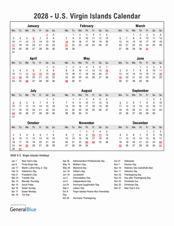 Year 2028 Simple Calendar With Holidays in U.S. Virgin Islands