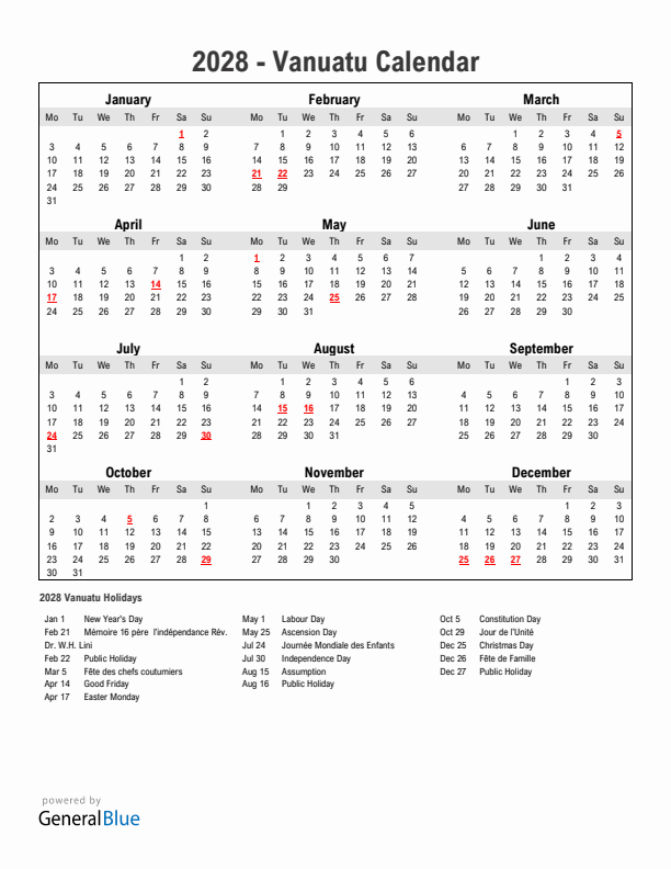 Year 2028 Simple Calendar With Holidays in Vanuatu