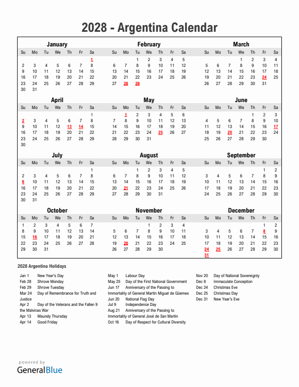 Year 2028 Simple Calendar With Holidays in Argentina