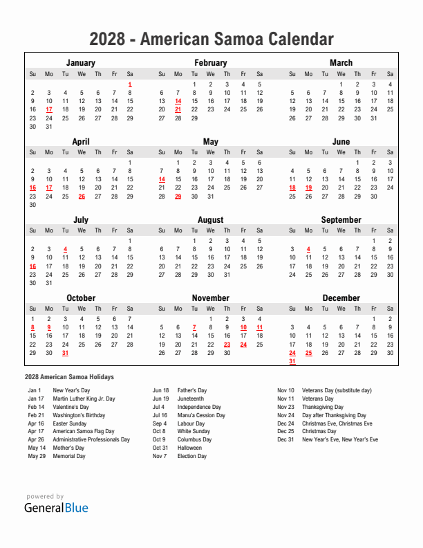 Year 2028 Simple Calendar With Holidays in American Samoa