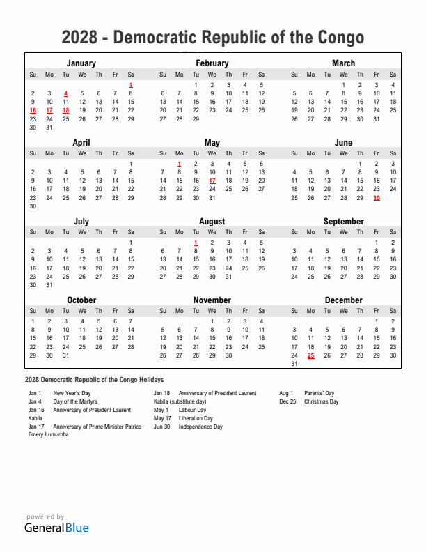 Year 2028 Simple Calendar With Holidays in Democratic Republic of the Congo
