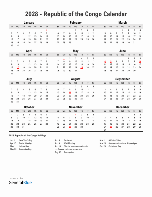 Year 2028 Simple Calendar With Holidays in Republic of the Congo