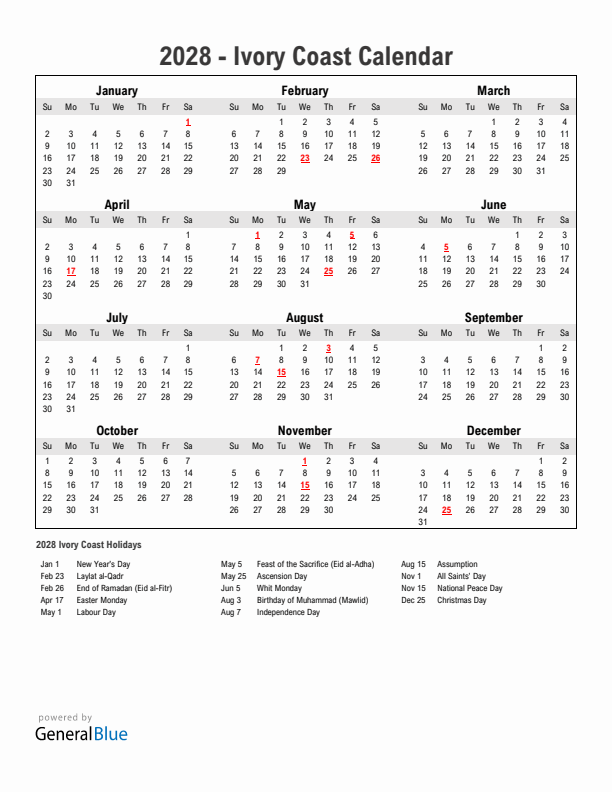 Year 2028 Simple Calendar With Holidays in Ivory Coast