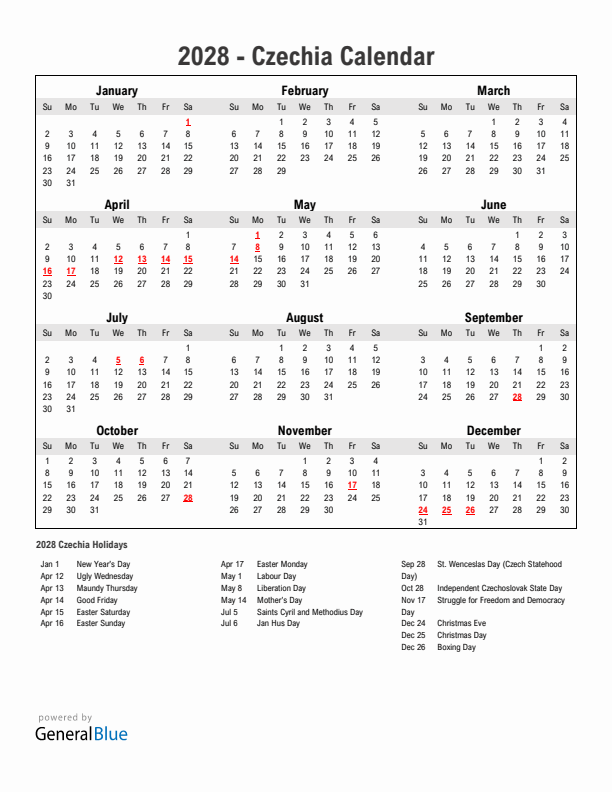 Year 2028 Simple Calendar With Holidays in Czechia