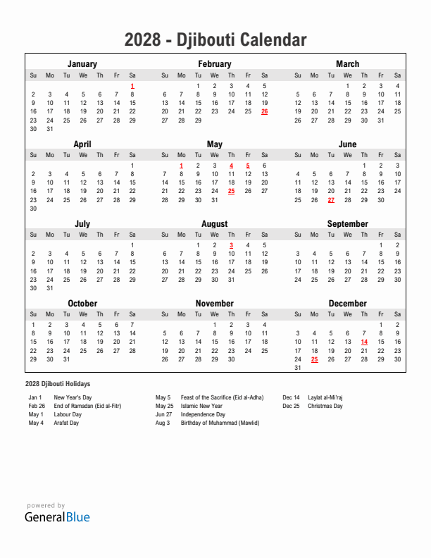 Year 2028 Simple Calendar With Holidays in Djibouti