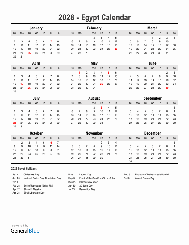 Year 2028 Simple Calendar With Holidays in Egypt