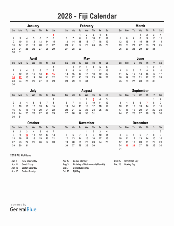 Year 2028 Simple Calendar With Holidays in Fiji