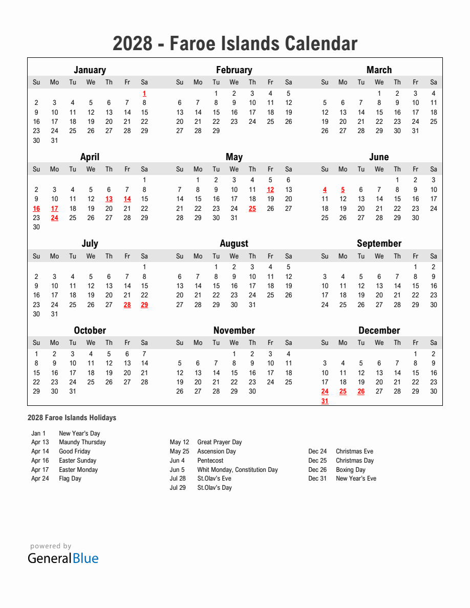 Year 2028 Simple Calendar With Holidays in Faroe Islands