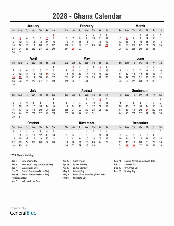 Year 2028 Simple Calendar With Holidays in Ghana