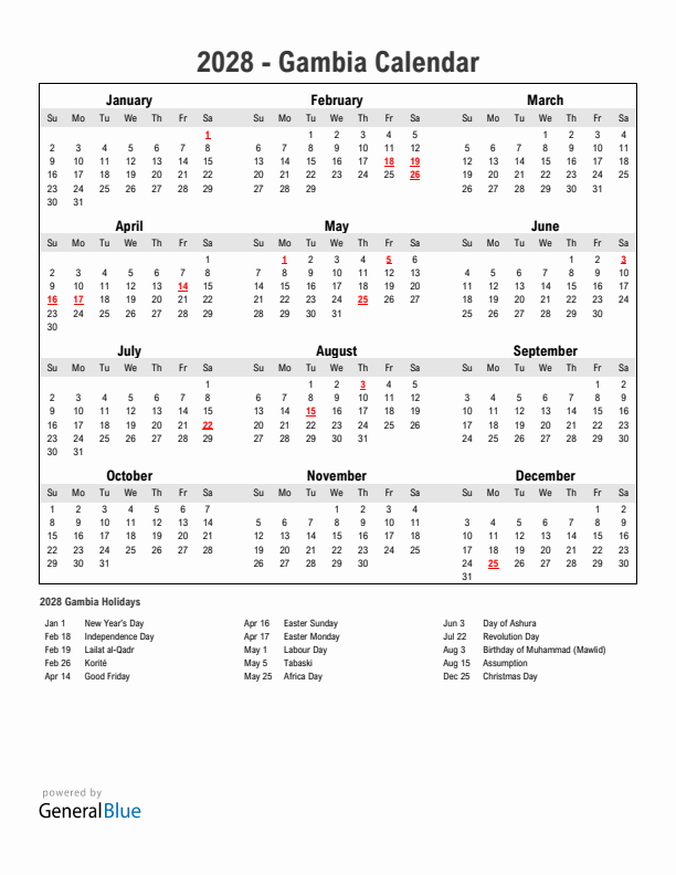 Year 2028 Simple Calendar With Holidays in Gambia