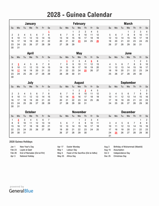 Year 2028 Simple Calendar With Holidays in Guinea