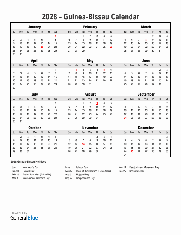 Year 2028 Simple Calendar With Holidays in Guinea-Bissau