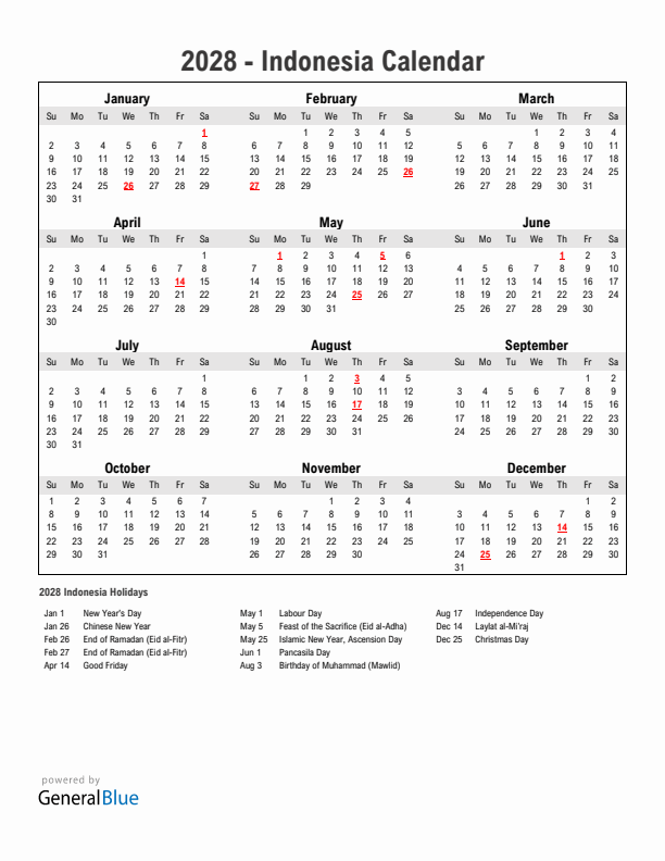 Year 2028 Simple Calendar With Holidays in Indonesia