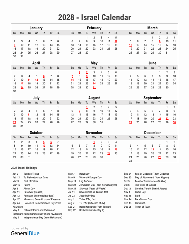 Year 2028 Simple Calendar With Holidays in Israel