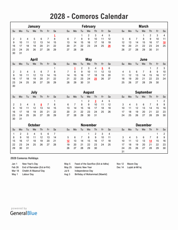 Year 2028 Simple Calendar With Holidays in Comoros