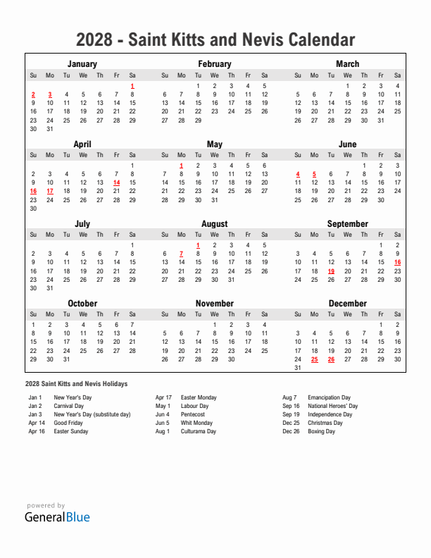 Year 2028 Simple Calendar With Holidays in Saint Kitts and Nevis