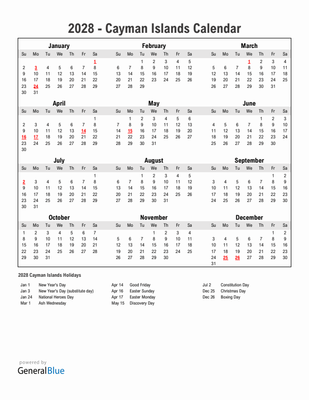 Year 2028 Simple Calendar With Holidays in Cayman Islands