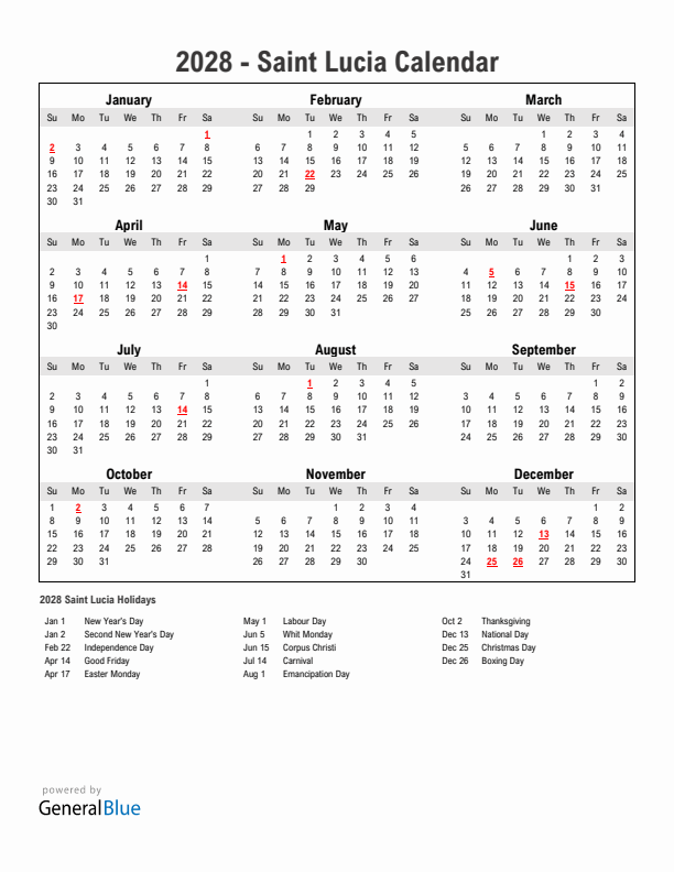 Year 2028 Simple Calendar With Holidays in Saint Lucia