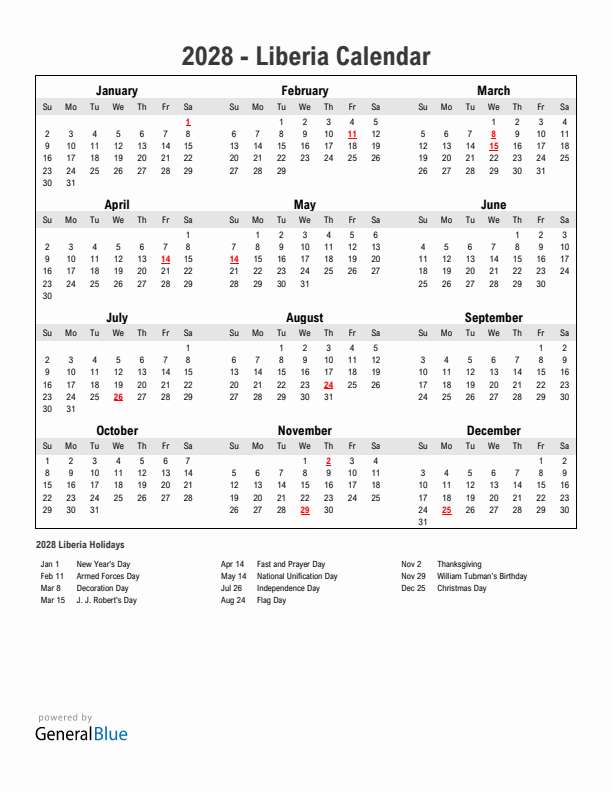 Year 2028 Simple Calendar With Holidays in Liberia