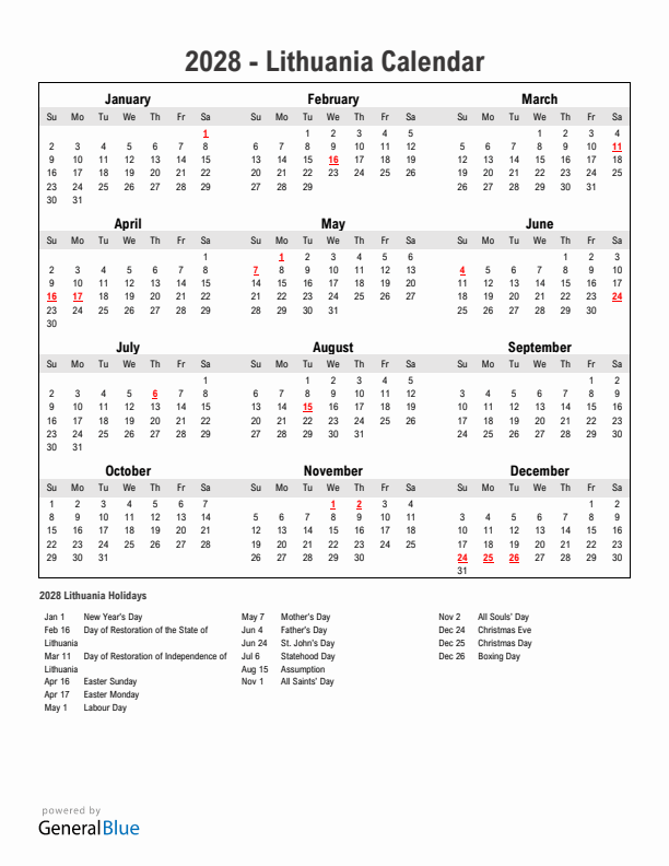 Year 2028 Simple Calendar With Holidays in Lithuania