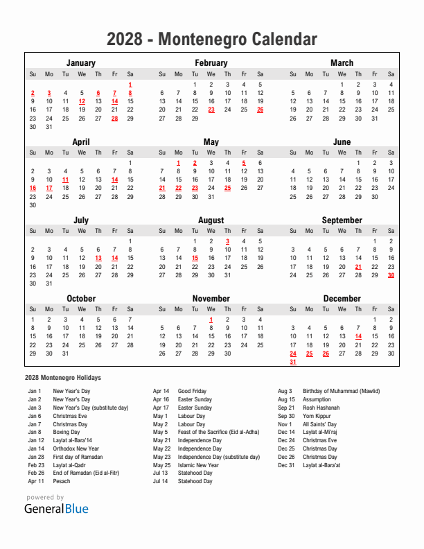 Year 2028 Simple Calendar With Holidays in Montenegro