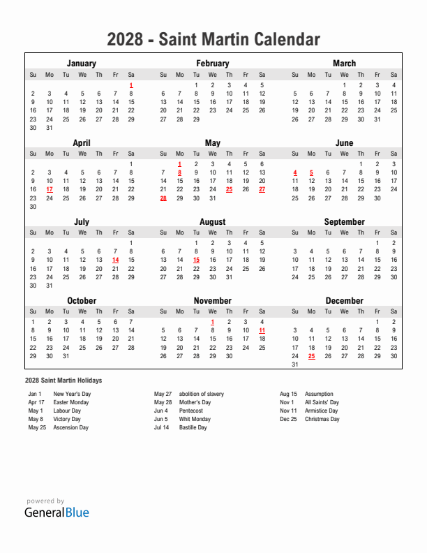 Year 2028 Simple Calendar With Holidays in Saint Martin